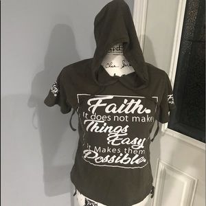 Olive green short sleeve hoodie shirt.